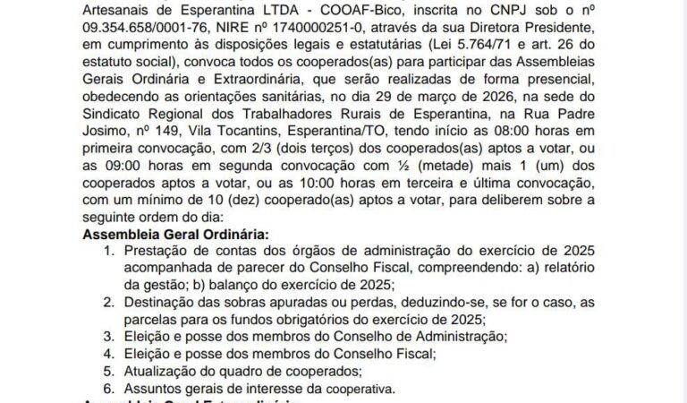 EDITAL DE CONVOCAÇÃO DE ASSEMBLEIA GERAL ORDINÁRIA E  EXTRAORDINÁRIA – COOAF-Bico