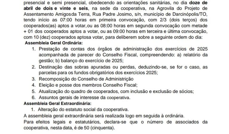 COOAFETO – EDITAL DE CONVOCAÇÃO DE ASSEMBLEIA GERAL EXTRAORDINÁRIA