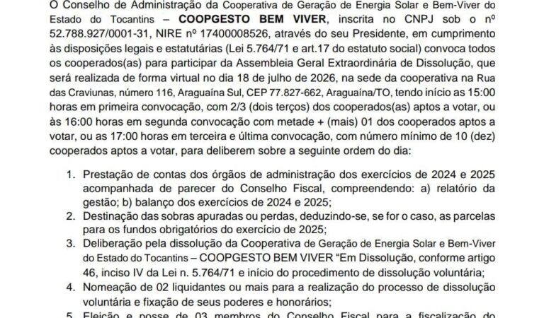 COOPGESTO BEM VIVER – EDITAL DE CONVOCAÇÃO DE ASSEMBLEIA GERAL EXTRAORDINÁRIA DE DISSOLUÇÃO